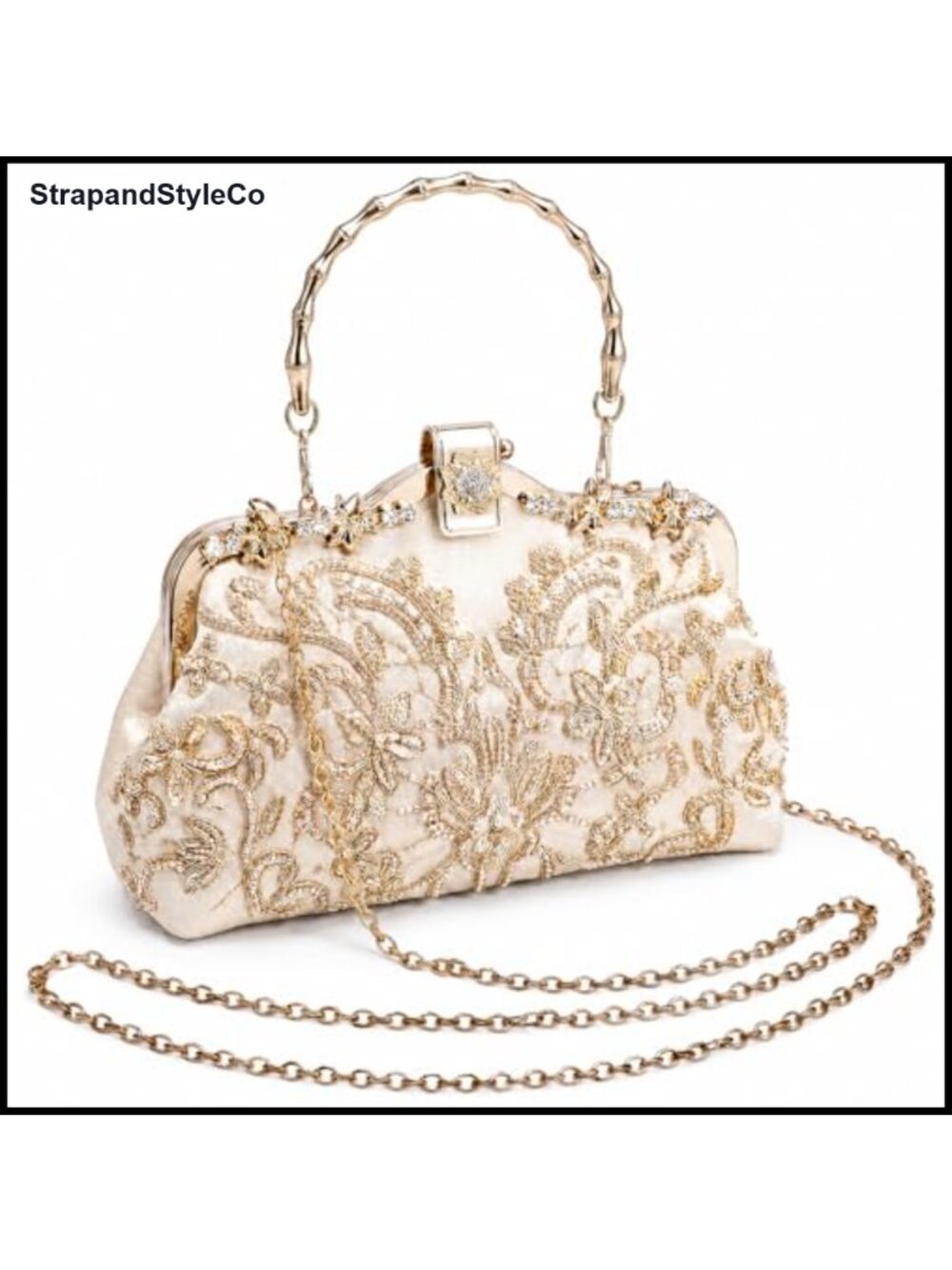 Embroidered Beaded Floral Clutch Evening Bag with Chain Strap